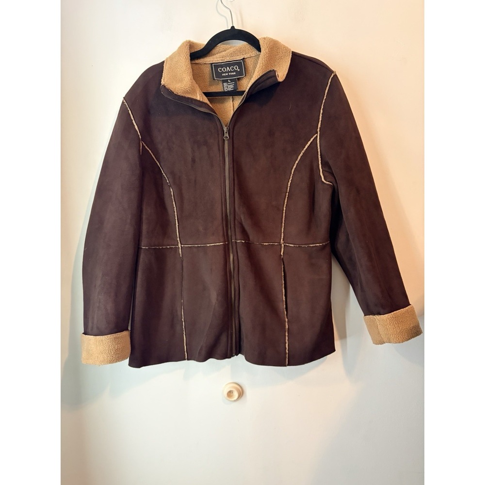 Y2K Coaco Faux Shearling Jacket Large Brown Zip Front Sherpa‎ Lined